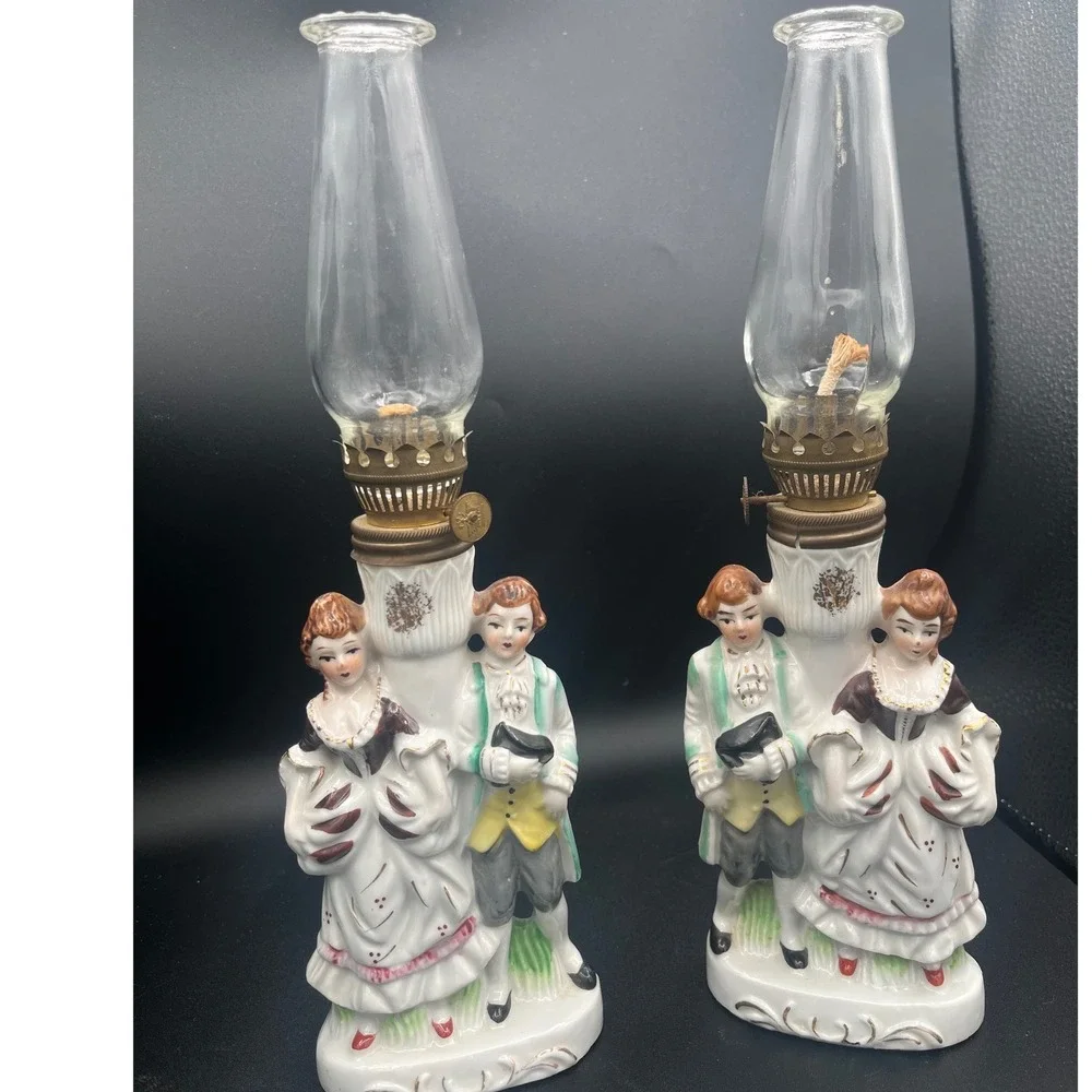 Vintage Pair Japan porcelain oil lamps mid century‎ Mantel Man/Women