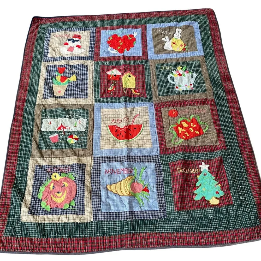 Vintage Patchwork Month of the Year Quilt Blanket Seasonal Applique‎ Plaid 46x59