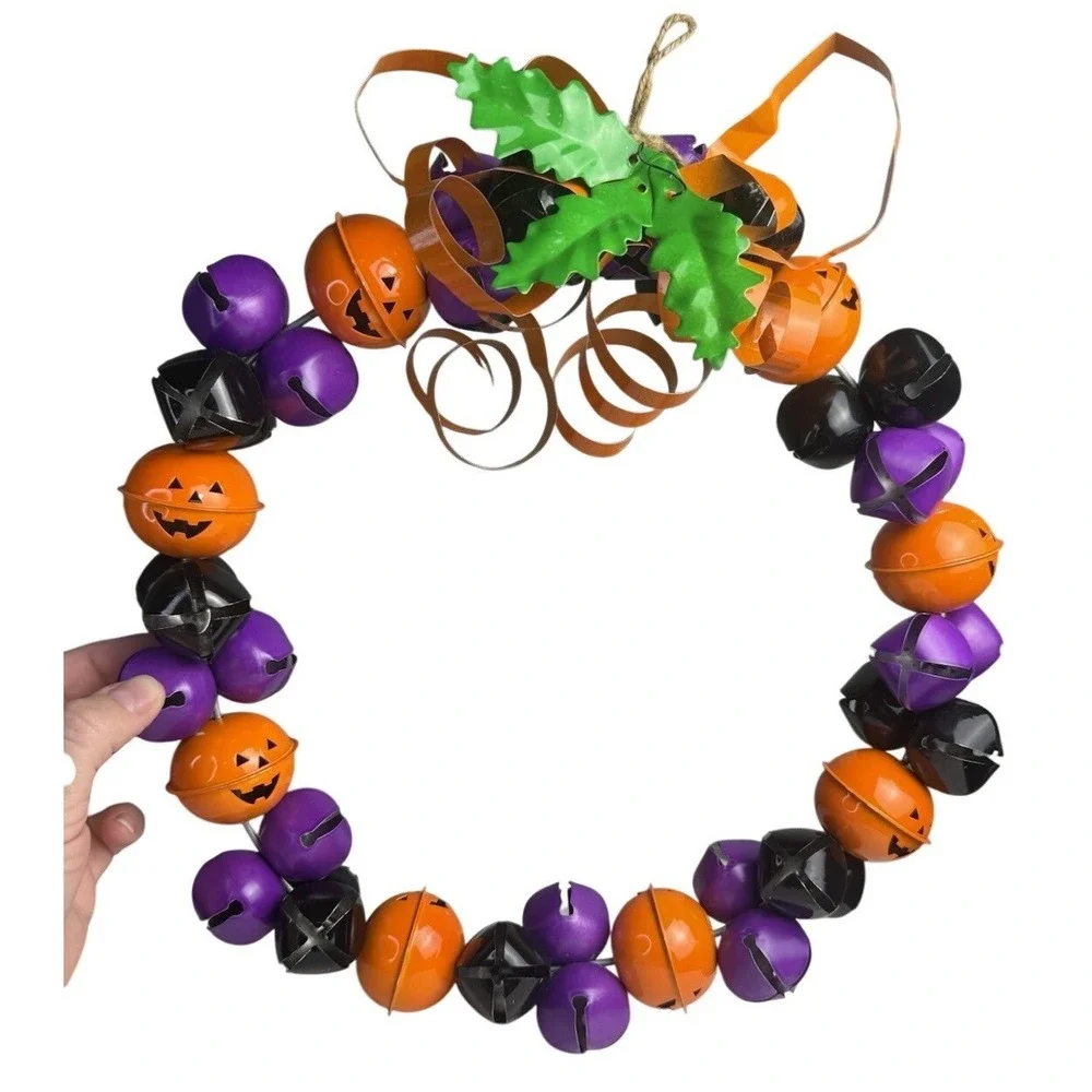 Pumpkin Metal Bell Halloween Wreath Purple Orange Black Folk Art Handmade Decor‎