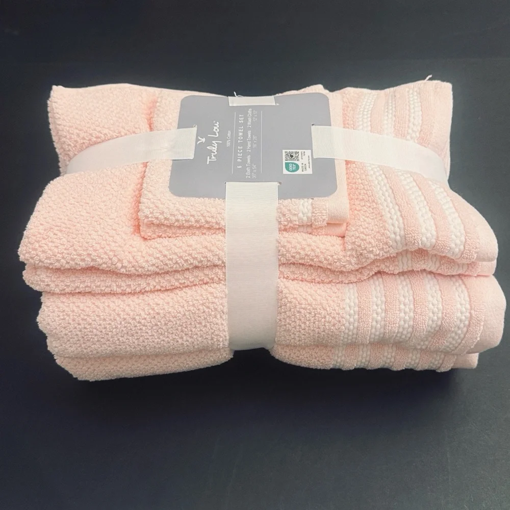 6pc TRULY LOU 100% Cotton Bath Towel Set - Dogwood Pink/White Stripes