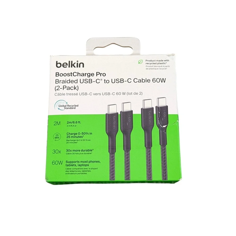Cc8O Belkin BoostCharge Pro Braided 60W USB-C to‎ USB-C 6.6 ft - Black (2 Pack)