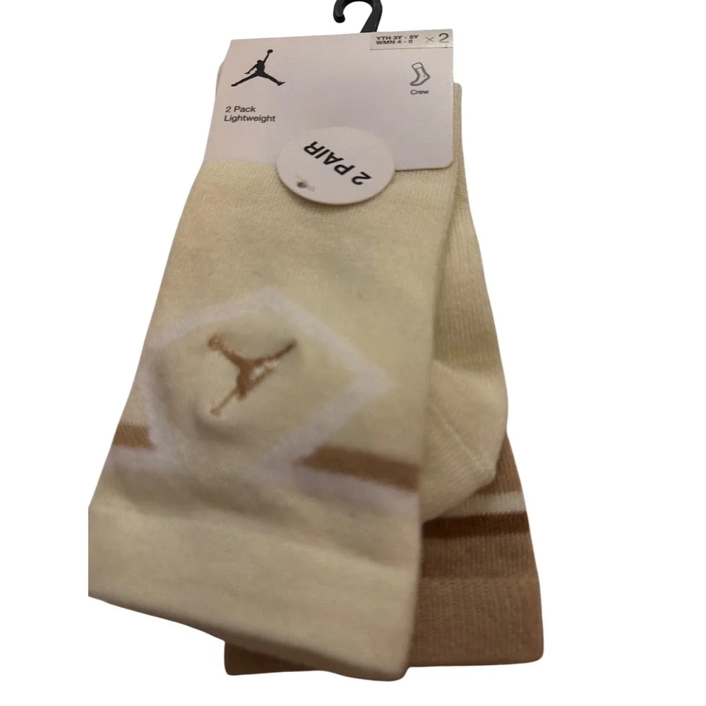 Jordan Jumpman Crew Socks 2 Pack Tan Cream Kids Youth Size 3Y-5Y BJ0099-W3Z