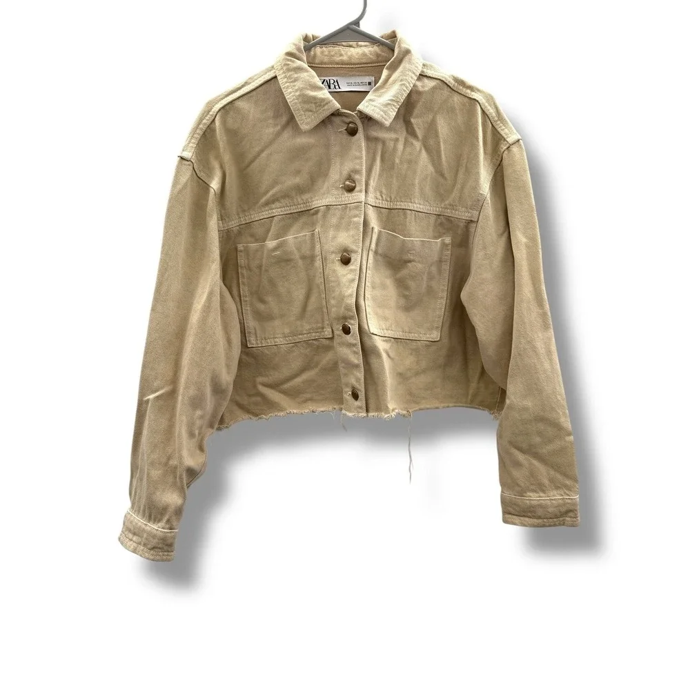 Zara Cropped Denim Jacket Womens XL Tan‎ Raw Hem Boxy Utility Button Front
