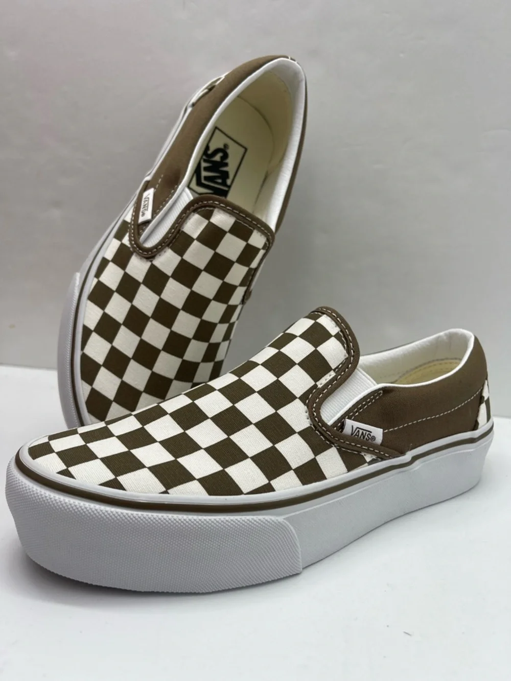 Vans Slip-On Platform Sneakers Checkerboard Sepia Brown VN00018E0E0 New