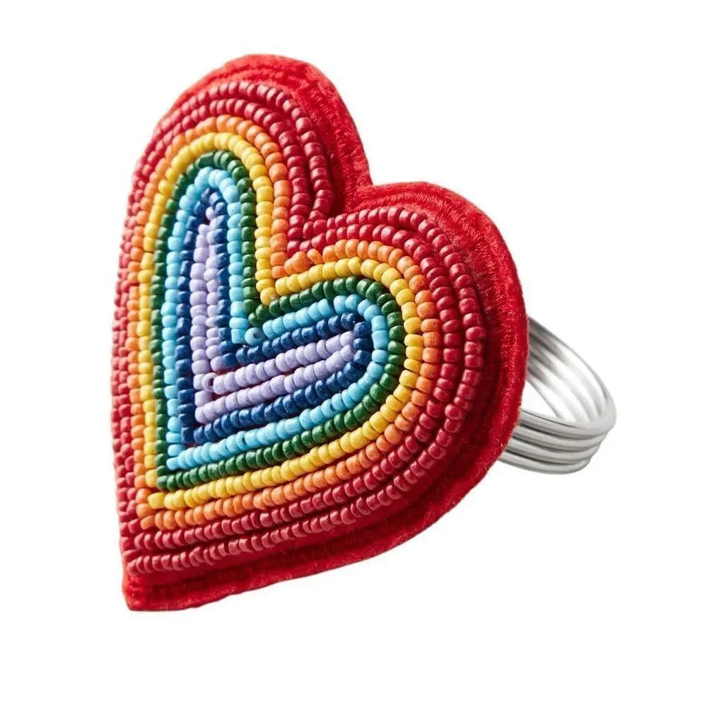 Williams Sonoma Beaded Rainbow Heart Napkin Rings Set of 4 Handcrafted Glass