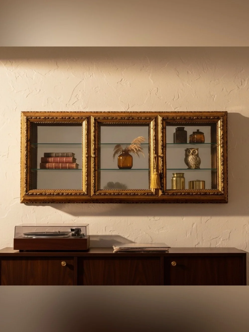 Vintage Creazioni Artistiche Italian Gold Triple Glass Shadow Box Curio Cabinet