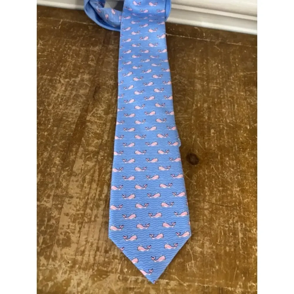 100% Silk Tie Whale Logo Nautical Preppy Light Blue and Pink Coastal
