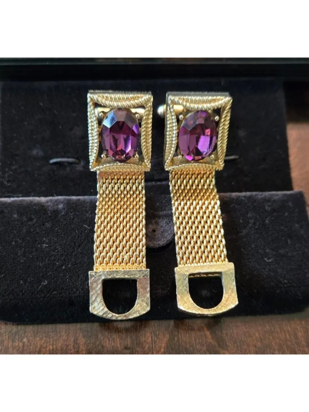 Vtg Swank Gold Tone Mesh Wrap Cufflinks Amethyst Purple Glass MCM Boxed