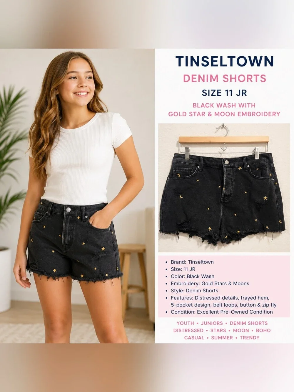 Tinseltown Black Denim Shorts Size 11 Juniors Gold Star Moon Embroidered Distres