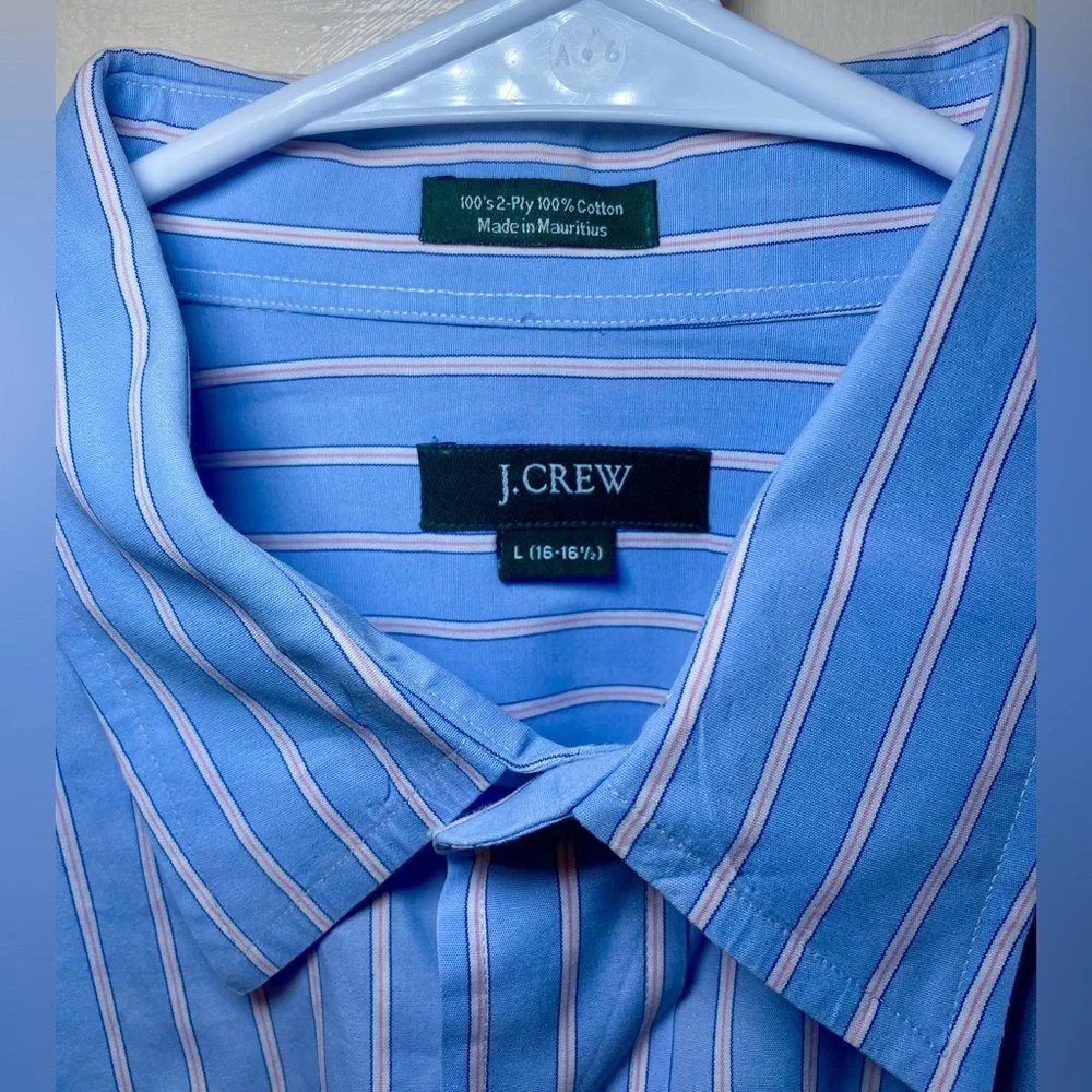 J.CREW 2 Ply‎ 100% Cotton Large 16-16.5 Men's Button Down Shirt Stripes Blue