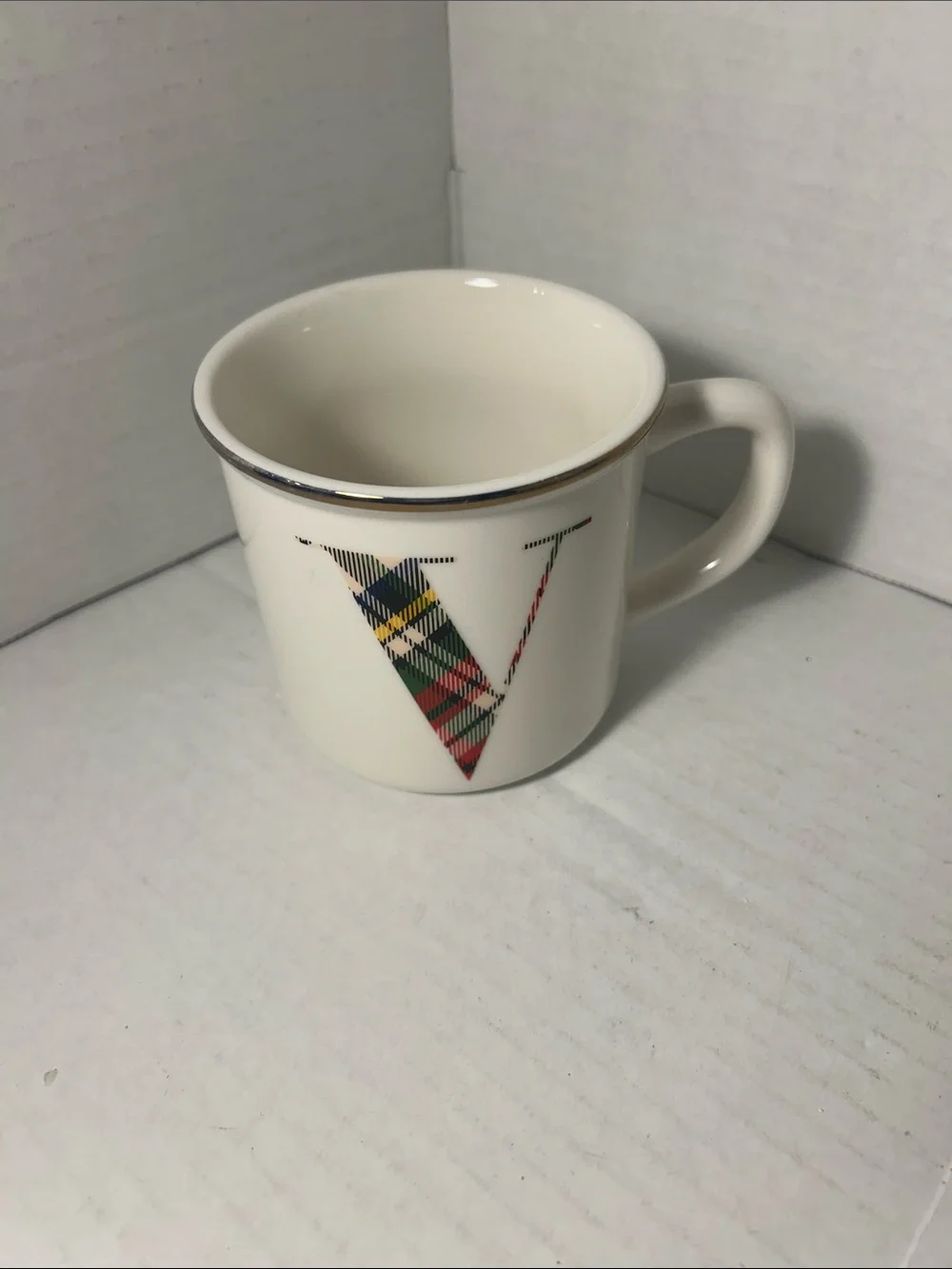 Monogram V Cream Ceramic Mug with Plaid Accent