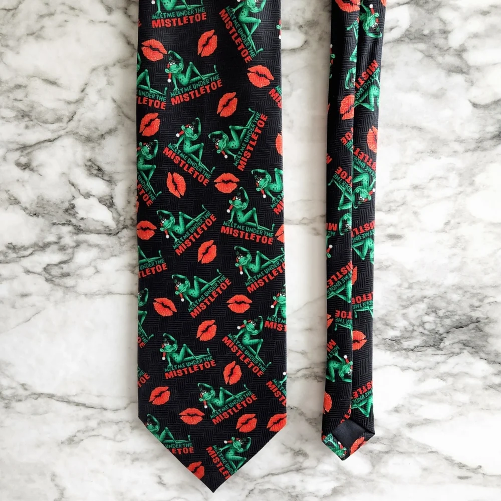 Christmas Holiday Tie With Frogs, Lips, And Mistletoe, Black, Red, & Green