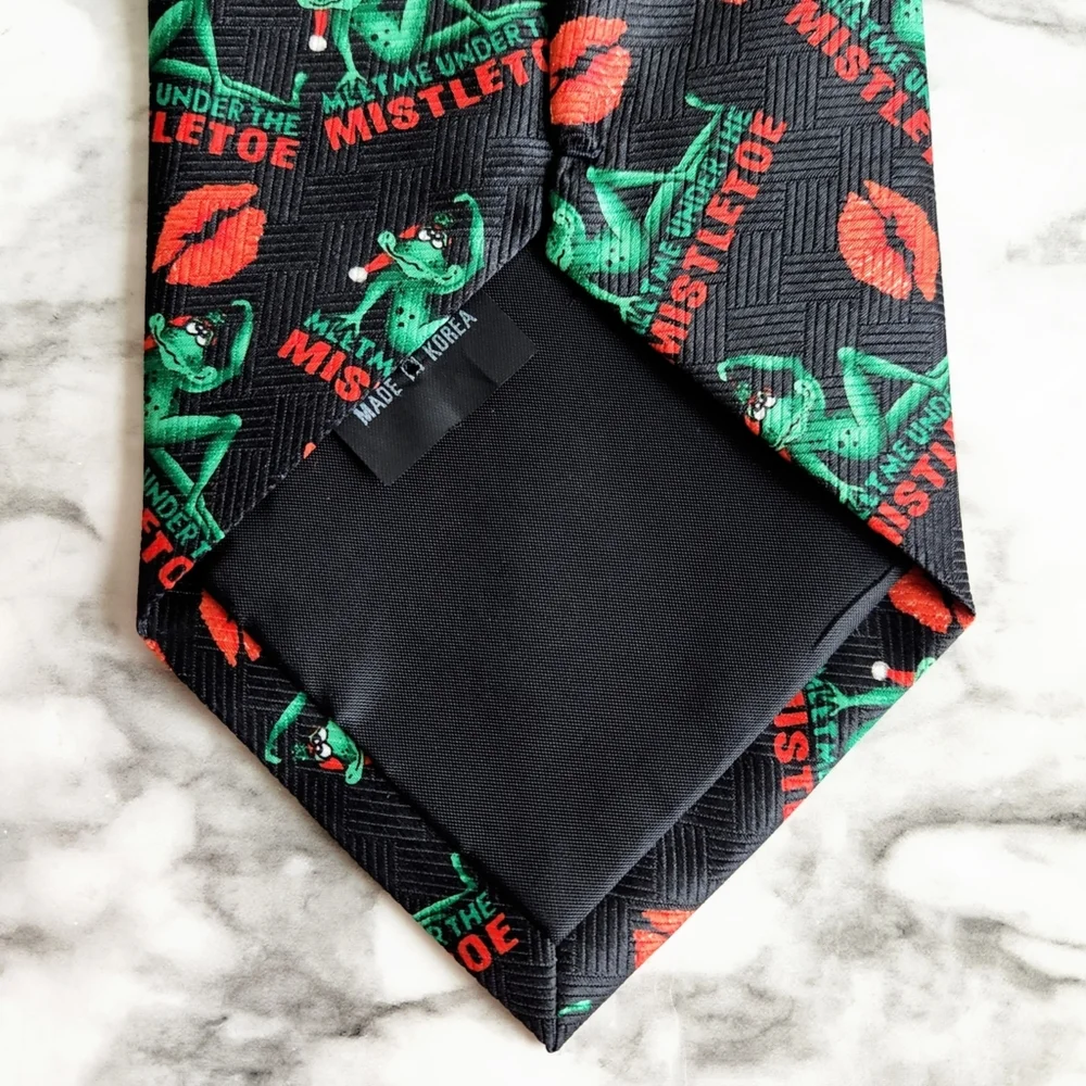 Christmas Holiday Tie With Frogs, Lips, And Mistletoe, Black, Red, & Green