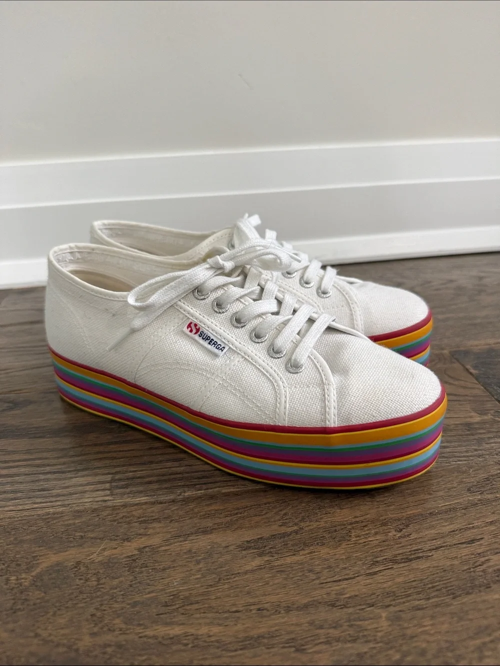 Superga White Canvas Platform Sneakers with Rainbow Stripe Sole