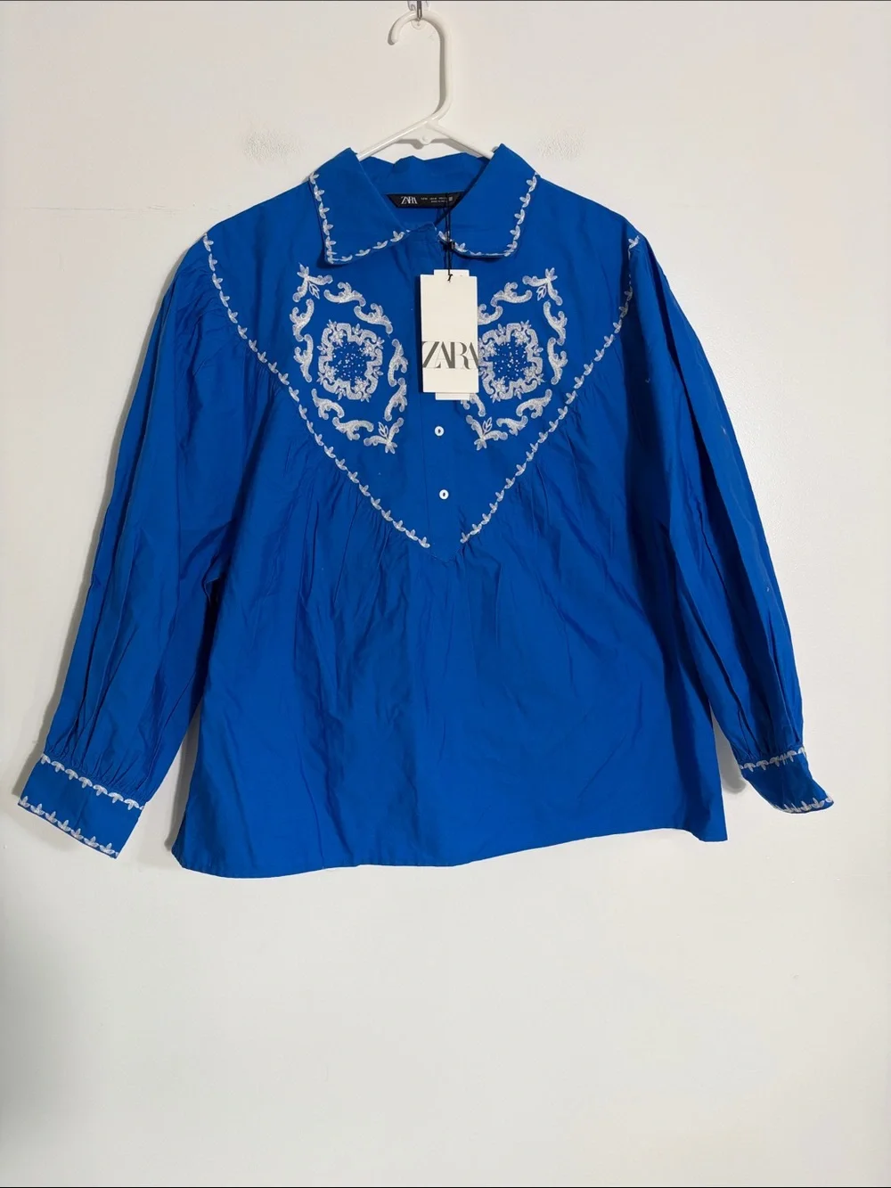 ZARA Bright Blue Embroidered Button-Front Blouse Medium