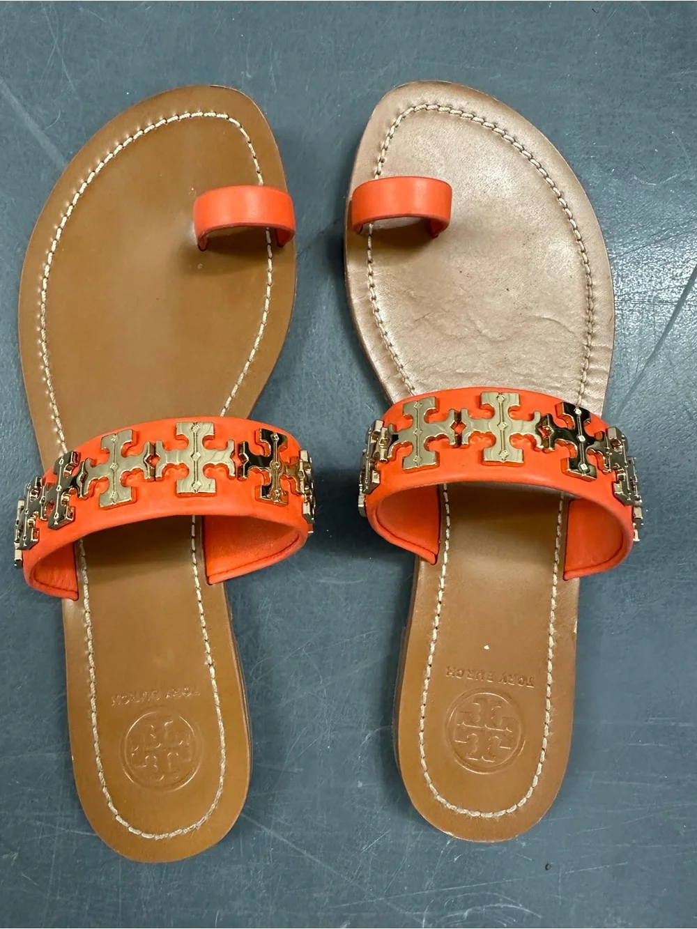 Tory Burch Orange Leather Jolie Toe Ring Slide Sandals Gold Hardware Size 6M