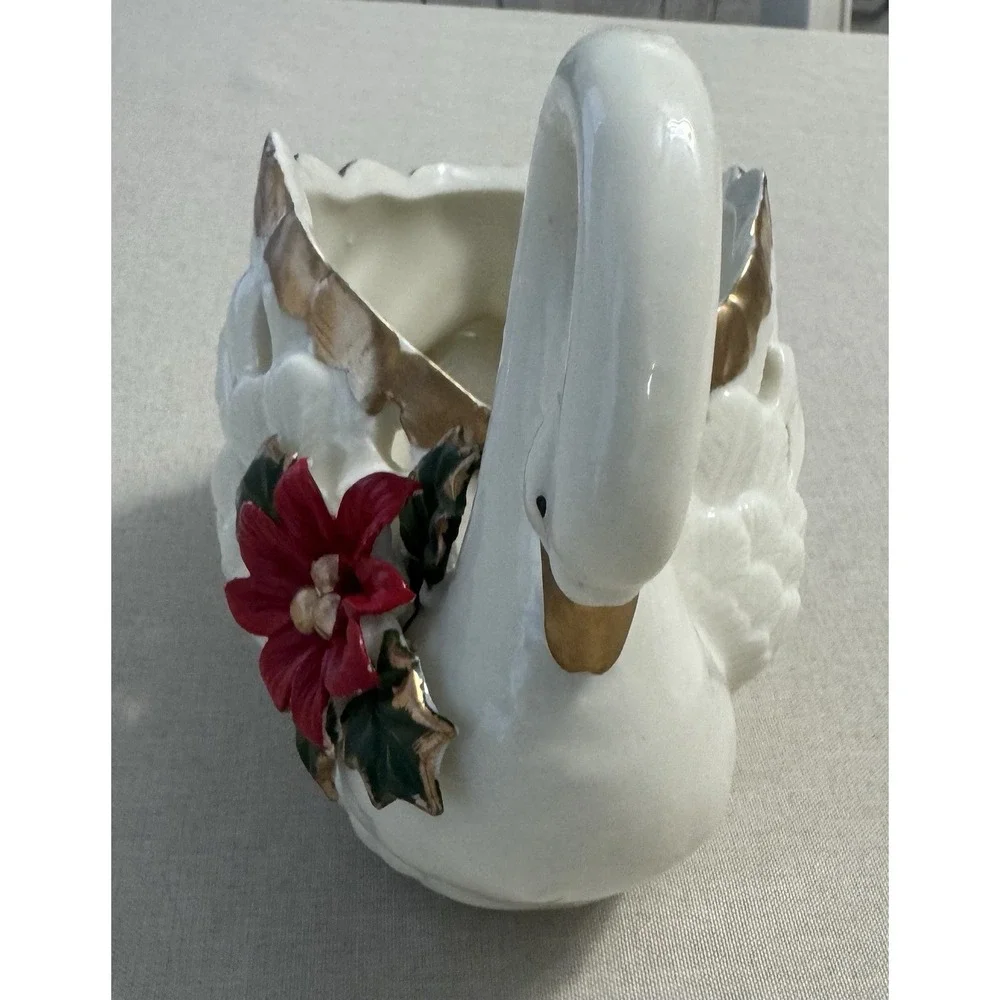 Vintage Swan Planter Bowl White Ceramic Gold Trim Poinsettia Christmas‎ Decor