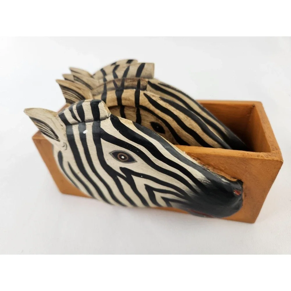 Zebra Head Wood Coasters Set Holder Lily M Wilson Hand Painted Safari MCM VTG