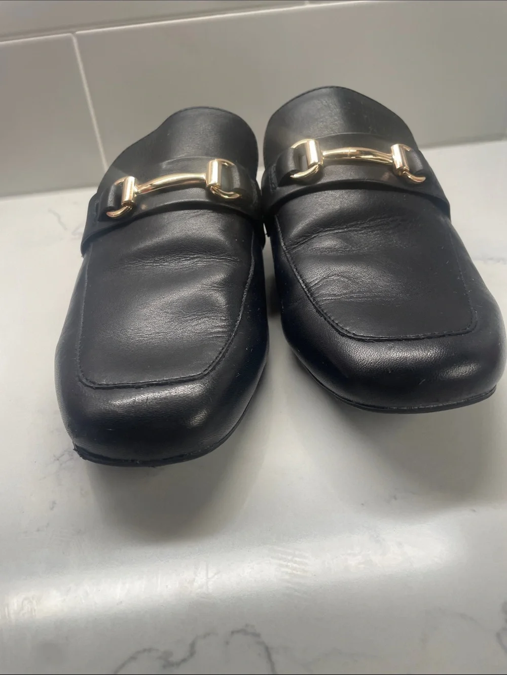 Steve Madden Black Leather Flat Loafer Slides with Gold Hardware