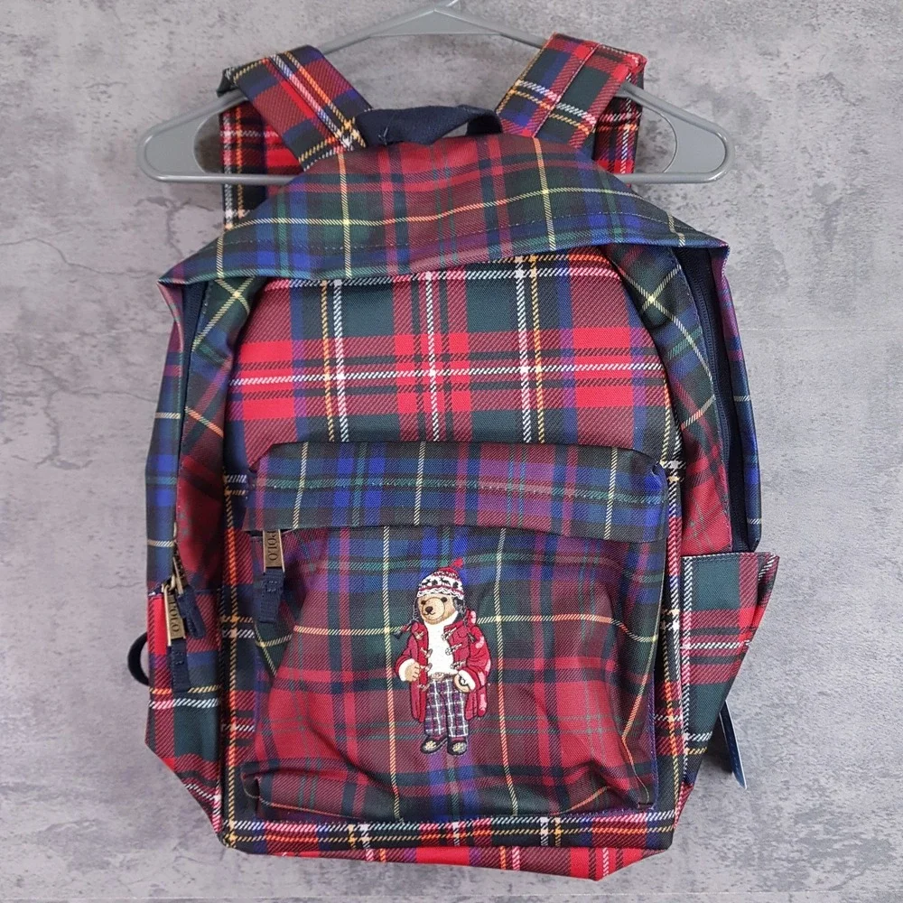 POLO Ralph Lauren Nordic Polo Bear Stewart‎ Plaid Backpack Laptop Bag Christmas