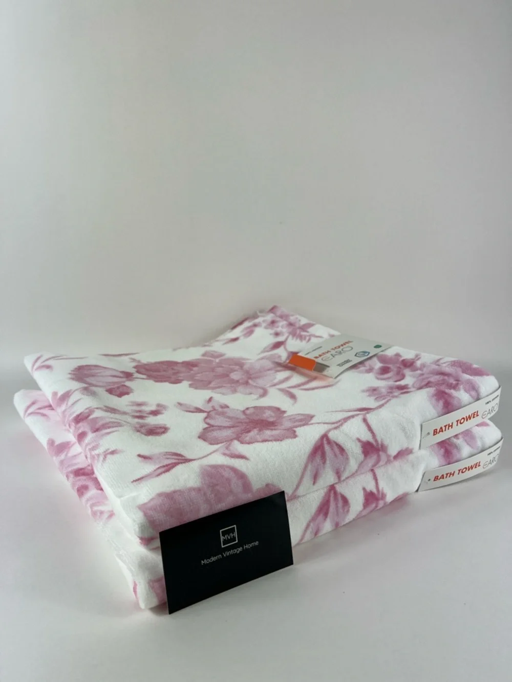 Caro Home Bath Towel Set Pink White Floral Soft Cotton Velour Set of 2 NEW