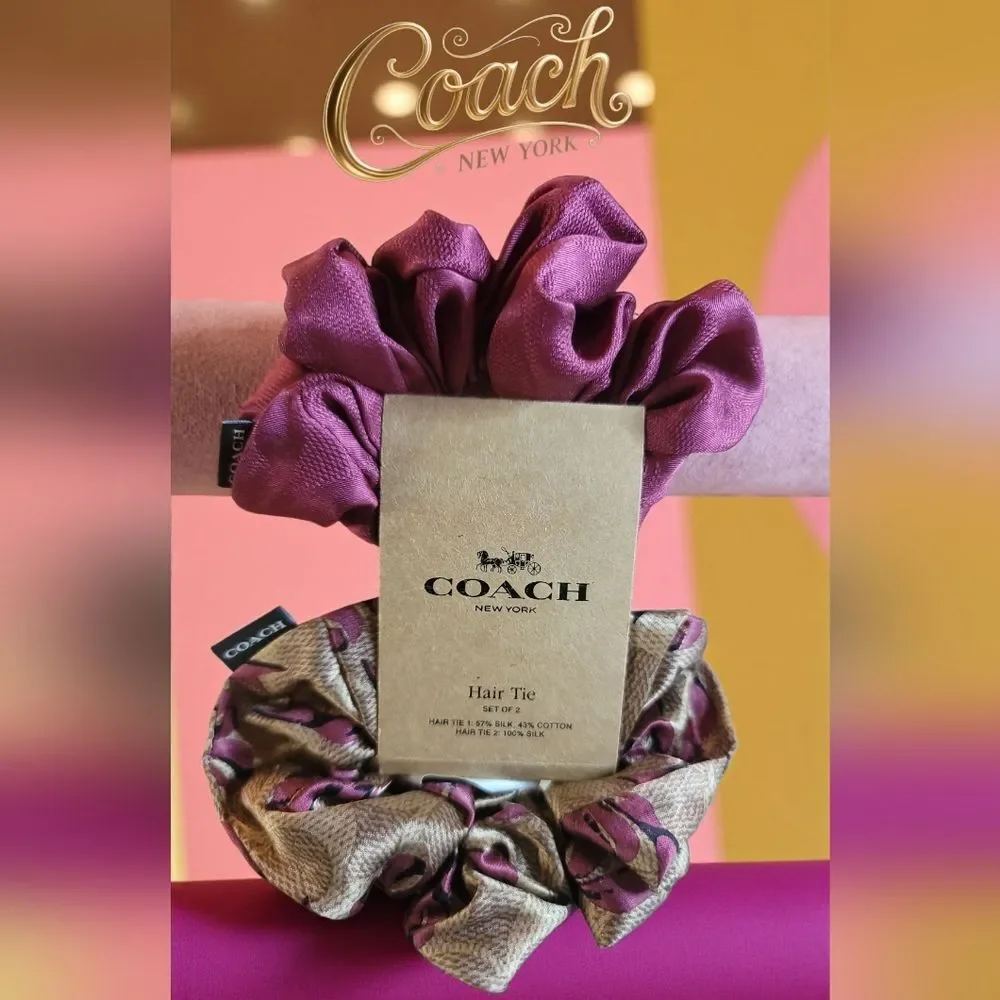 Coach Signature Bow Print Silk Blend Hair Tie Duo NWT
