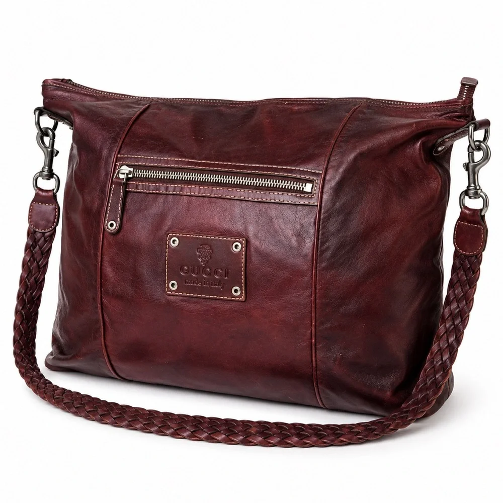 GUCCI Supreme Wine Leather Oversized Messenger Top Zip Bag With: DUST BAG