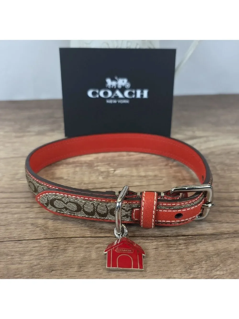 Coach Size M 60339 Red and Brown Signature Dog Collar Charm‎