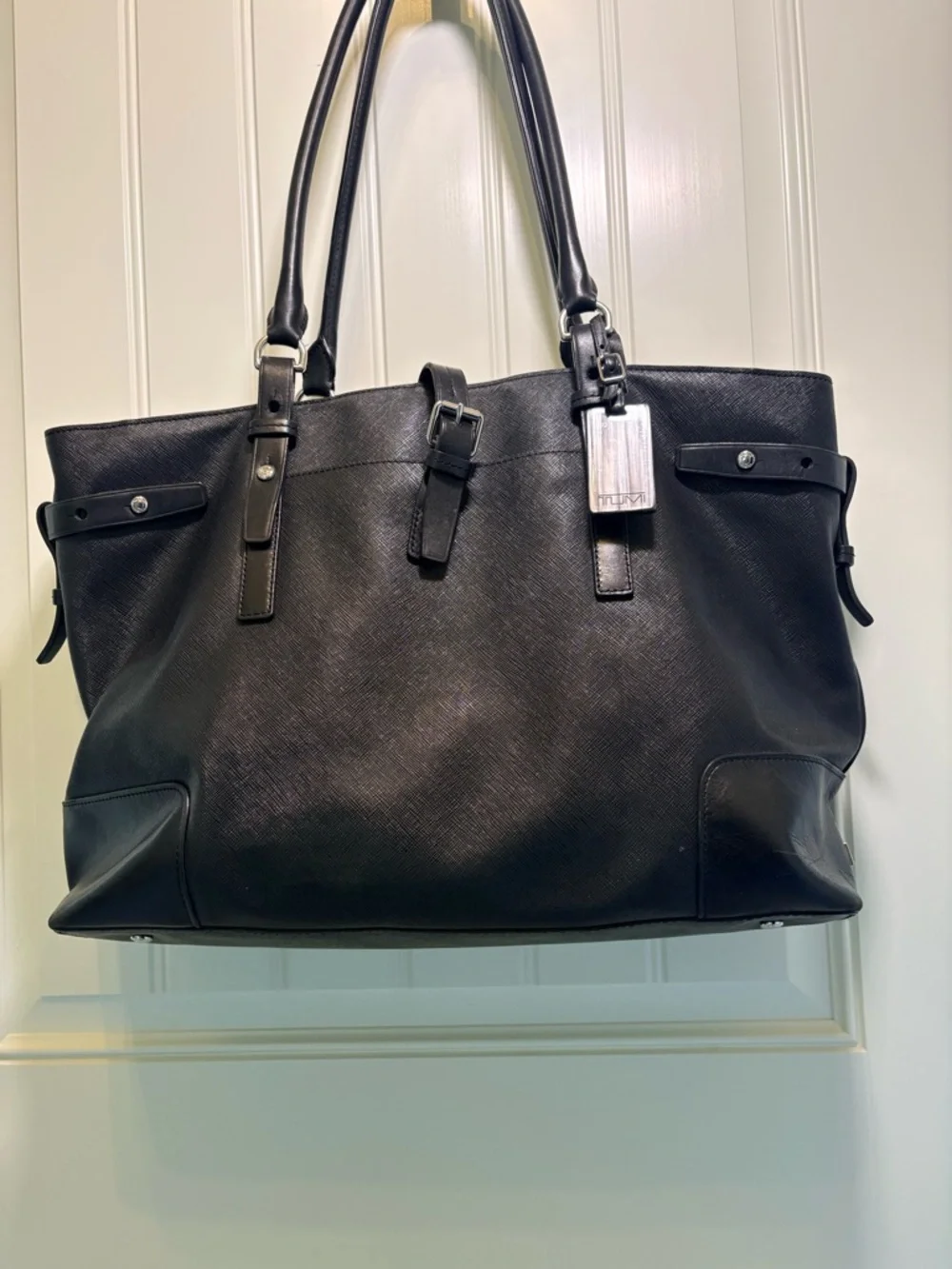 Tumi Black Leather Tote Bag Large Work Travel Shoulder Bag Laptop