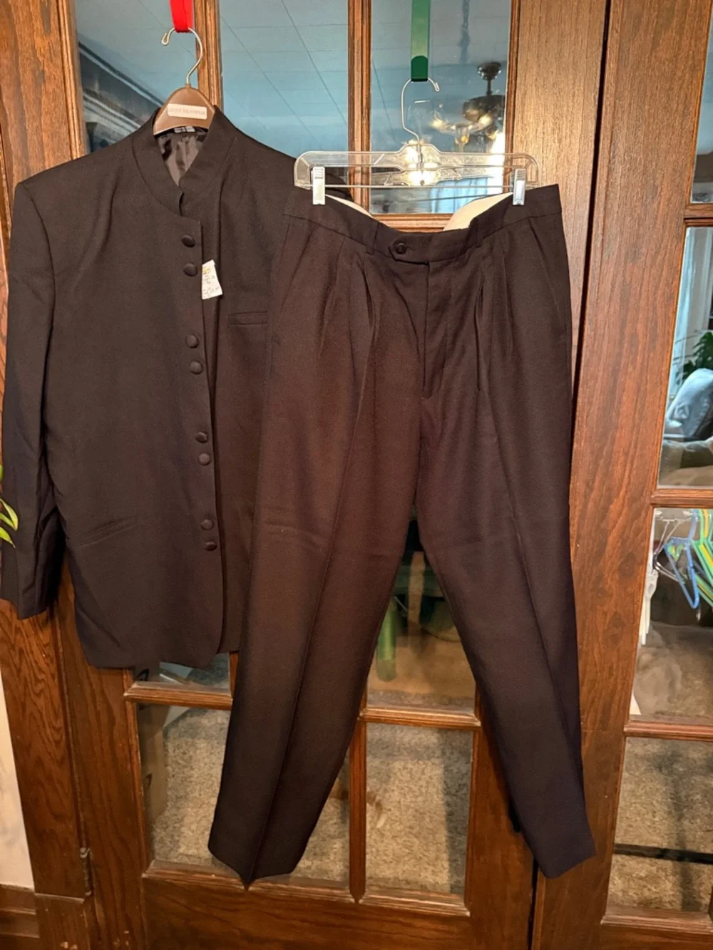 Eddie Domani Mens Black Nehru Mandarin Collar 2 Piece Suit Jacket Pants 44 36L