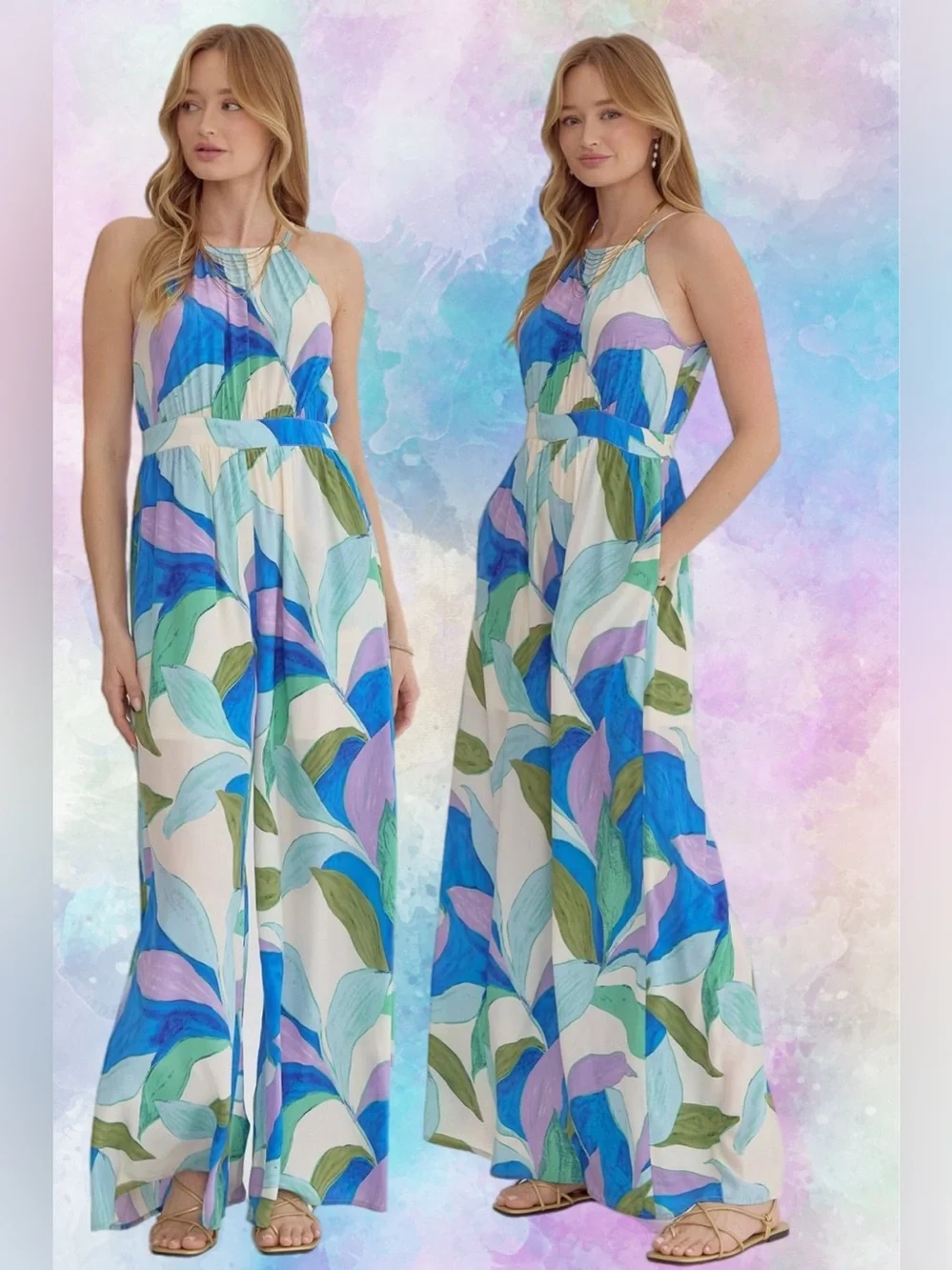 Entro | Paloma Abstract Tropical Vacation Vibes Blue Purple Jumpsuit New Medium