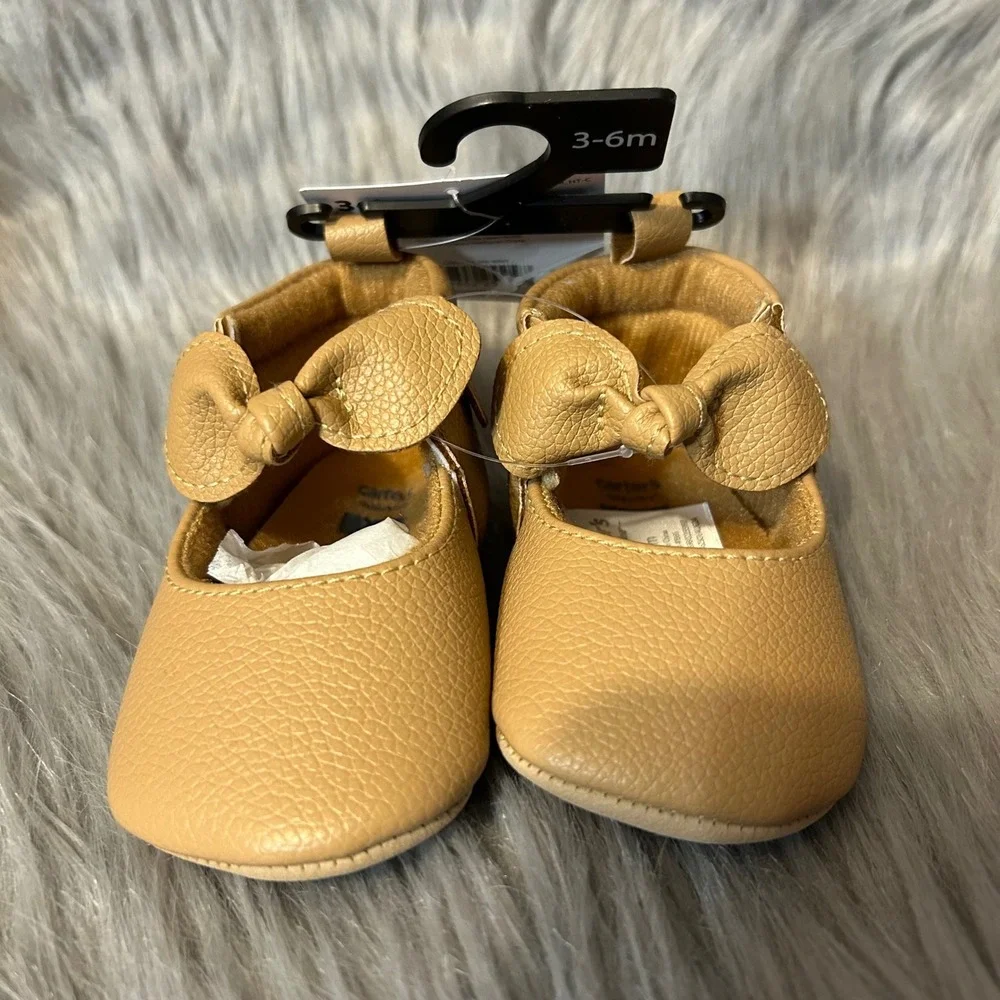 Carter's Child Of Mine Crib Shoes Baby Size‎ 3-6 Months Brown Bow Shoes NWT
