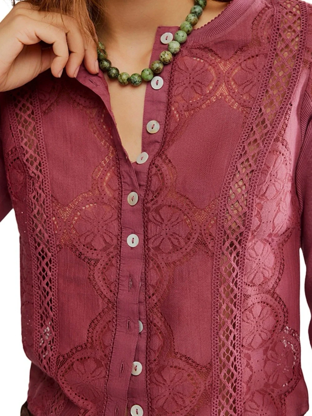 Free People Women's Button-Front Long-Sleeve Lace Top, Size MEDIUM