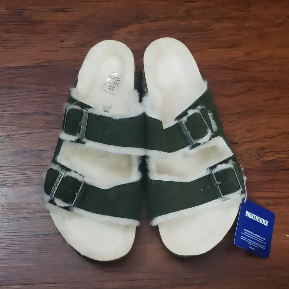 NWT Birkenstock Green Suede Leather Lamb Shearling Arizona Wide Footbed Size 43