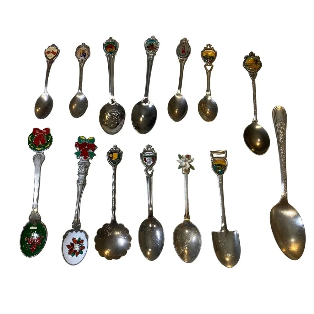 Vintage Souvenir Spoon Lot 14 Pc Enamel Travel Aruba SF LA Niagara Falls