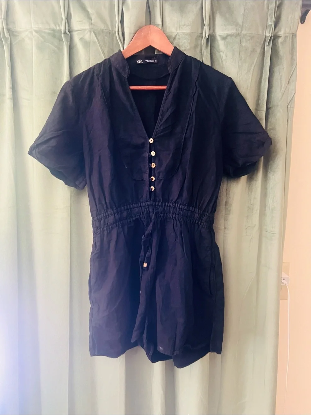 Zara Black Short Sleeve Button-Front linen Romper size Medium
