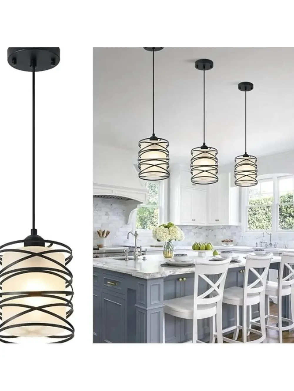 Modern Mini Pendant Light Fixture 3-Pack Black Spiral Cage Frosted Seeded Shades