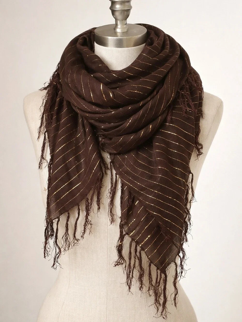 Brown Scarf Metallic Gold Stripe • Boho Fringe • Glam Festive • 40” Square