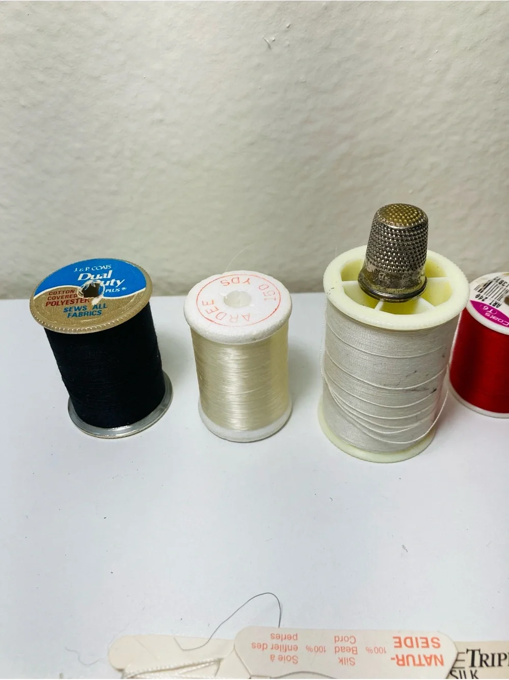 Vintage Assorted Sewing Thread Spools and Notions - White, Black, Red, Blue