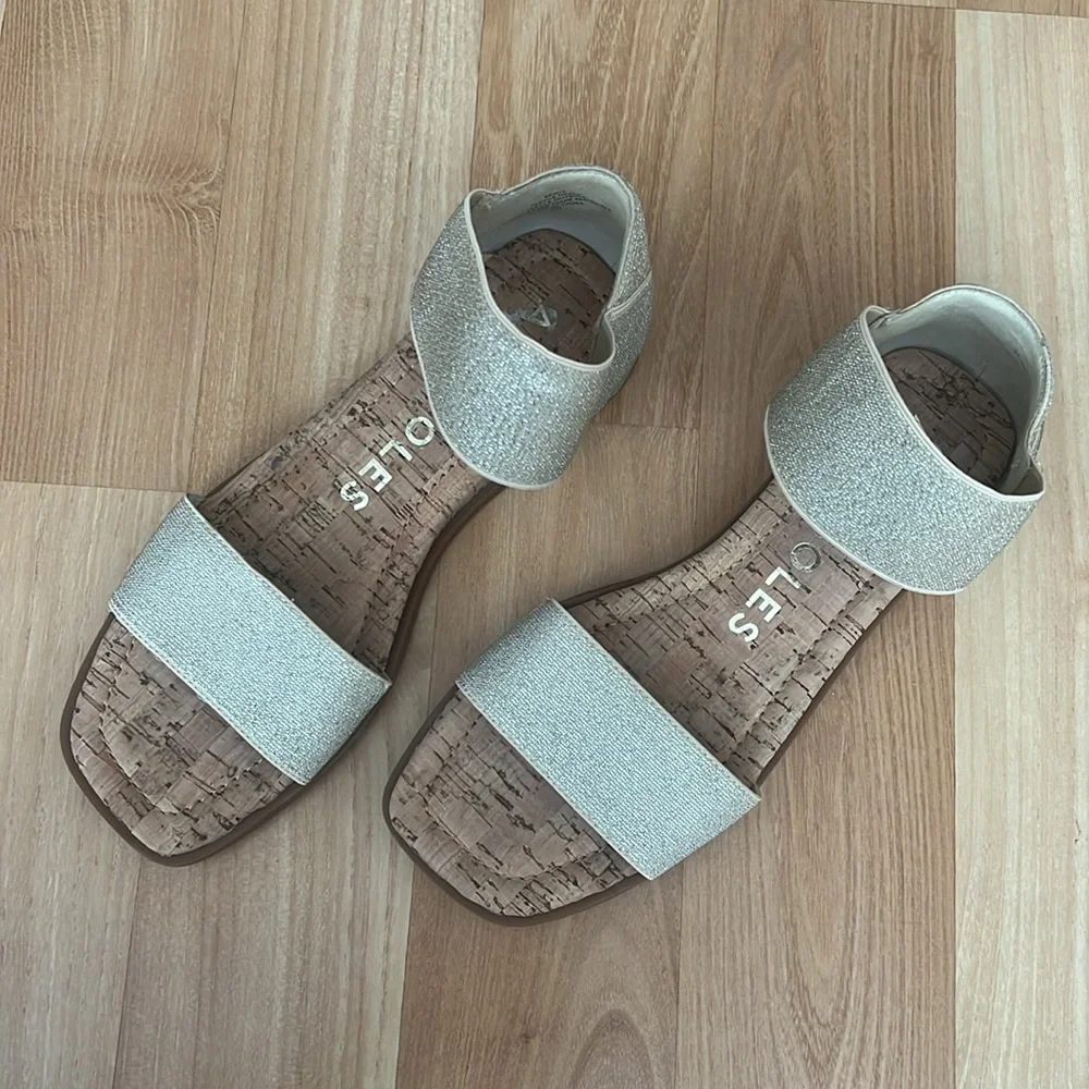 Aerosoles Gold & Silver Glitter Elastic Ankle Strap Cork Flat Sandals Womens 9M
