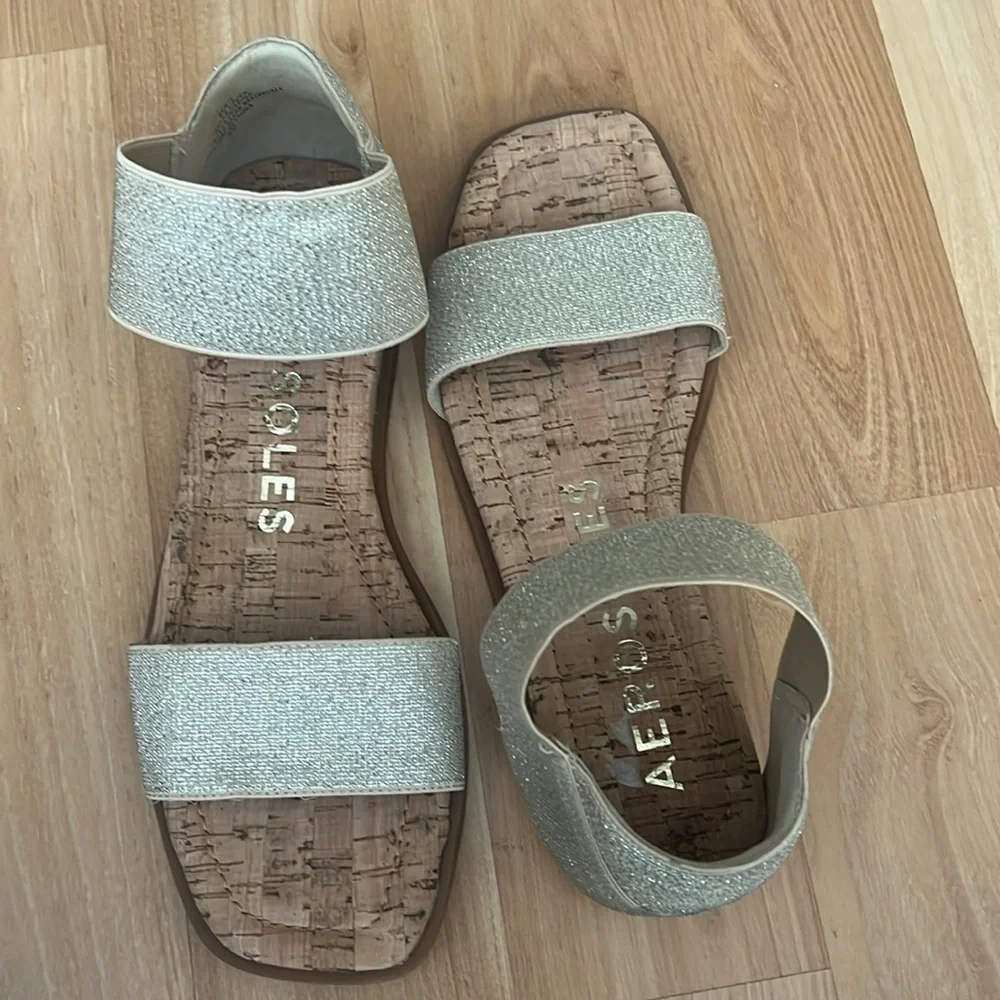 Aerosoles Gold & Silver Glitter Elastic Ankle Strap Cork Flat Sandals Womens 9M