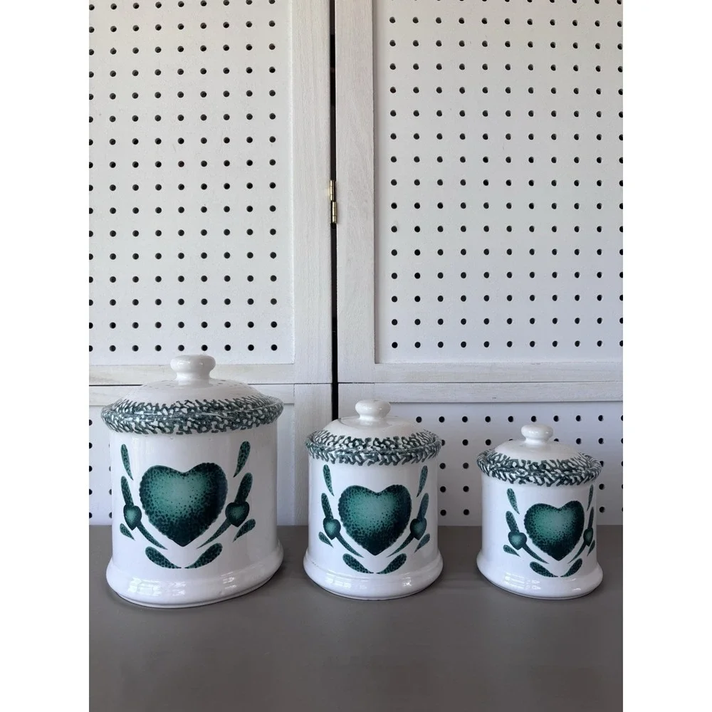 Corelle Canister Set 3pc Green Hearts Sponge Ceramic Farmhouse Cottagecore