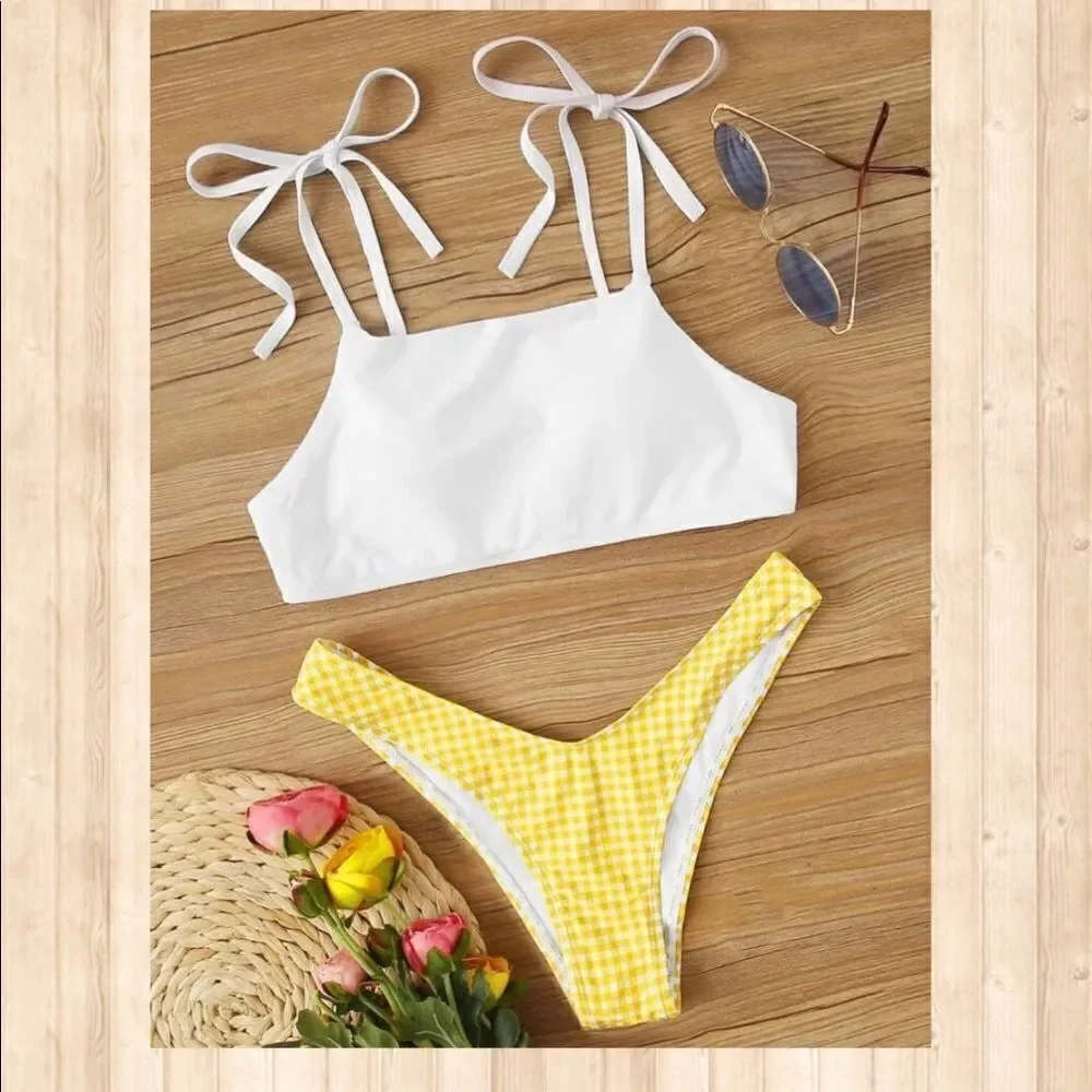 White & Yellow Gingham Bikini Med