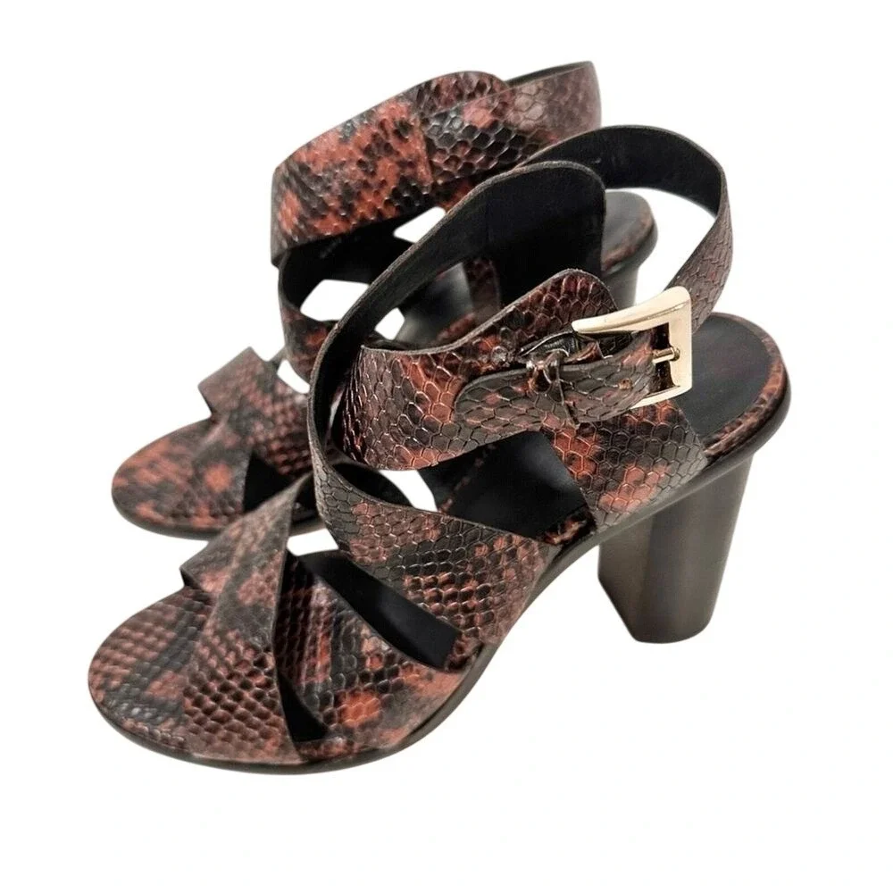 Joie Brown Snakeskin Embossed Strappy Block Heel Sandals Size 36.5 Buckle Ankle