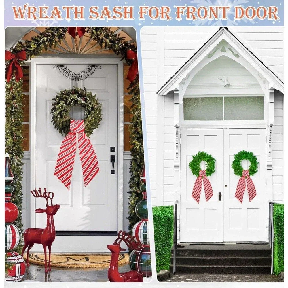 Stranthother 4PCS Candy Cane Christmas Wreath Sash for Front Door Red Bow Scarf