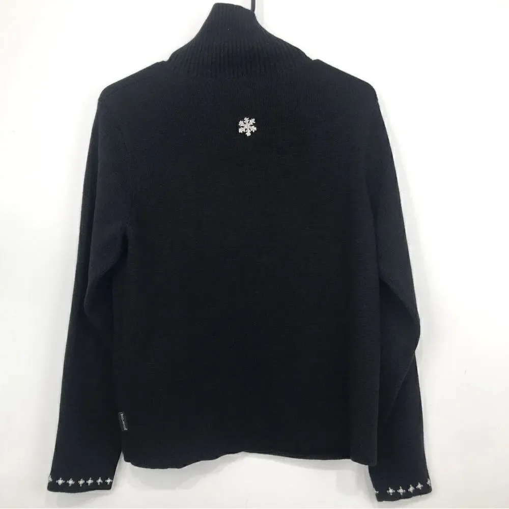 Woolrich Black Knit Snowman Snowflake Zip Up Cardigan Holiday Ski Lodge Sweater