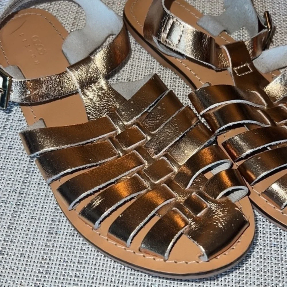 ASOS Womens Leather Huarache Sandals 8W GOLDEN Slip On Woven Shoes