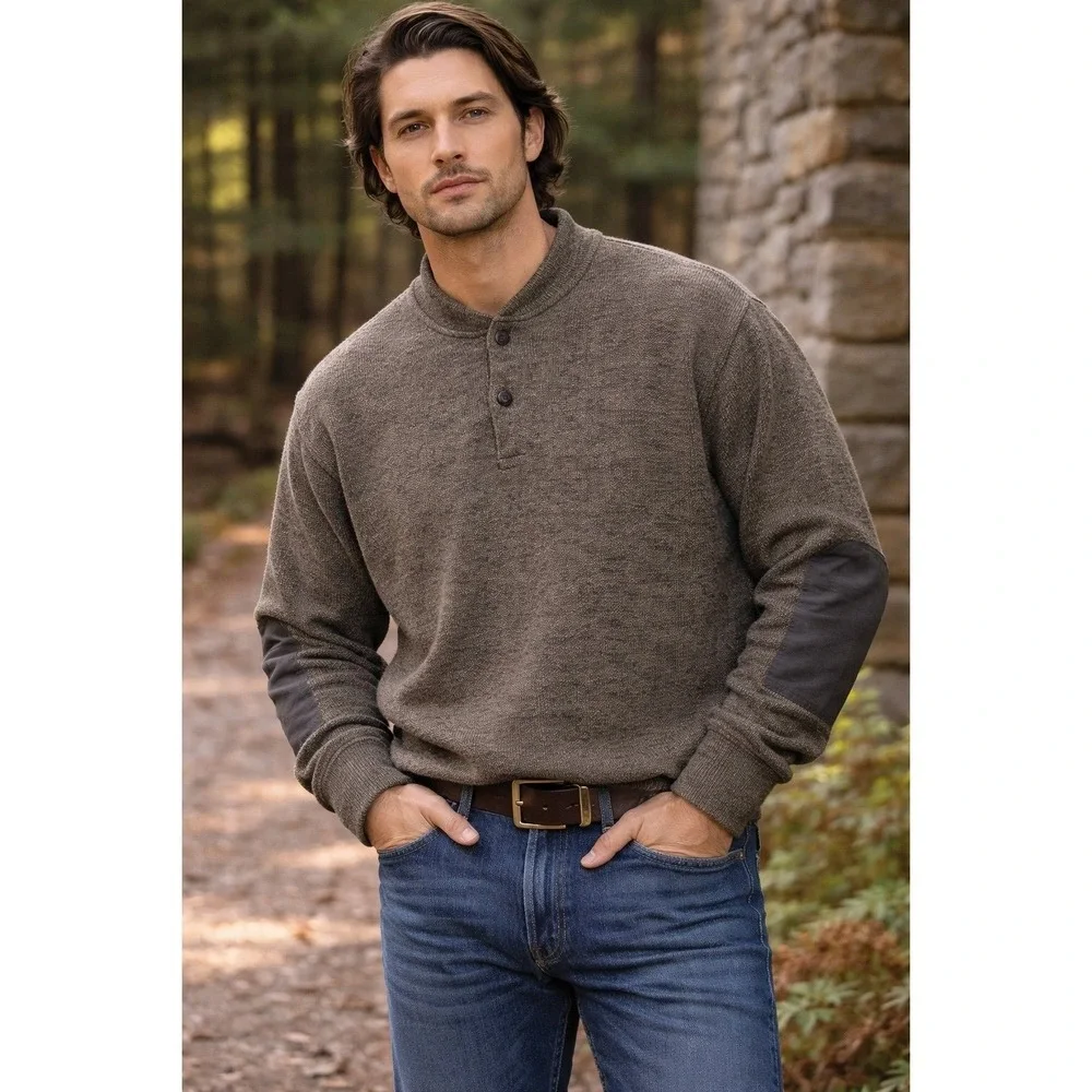 Cabelas Wool Blend Sweater Mens Large Brown Henley‎ Outdoor USA Made