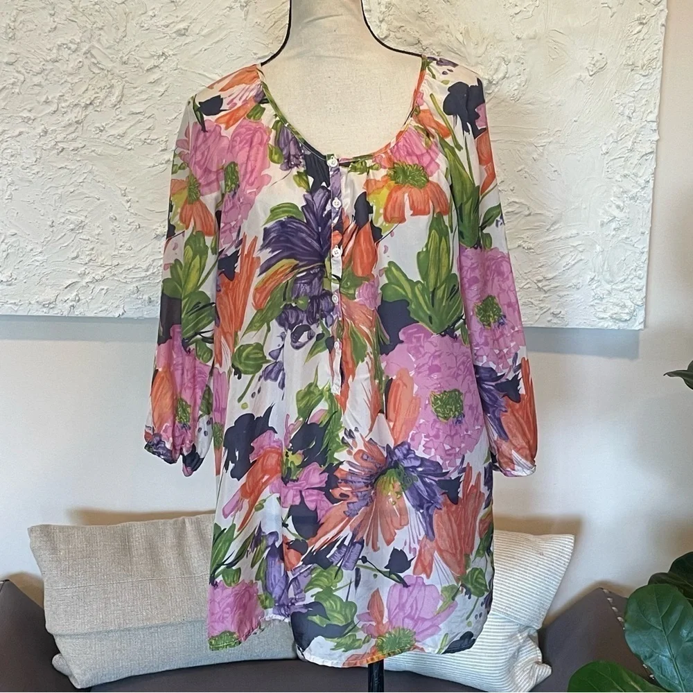 J. Crew Multicolored Floral 100% Silk Tunic Coverup Sz M
