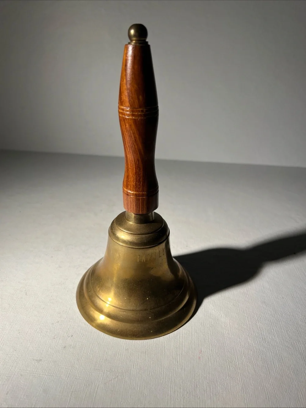 Vintage Brass Hand Bell Wooden Handle Family Ministries Church Bell